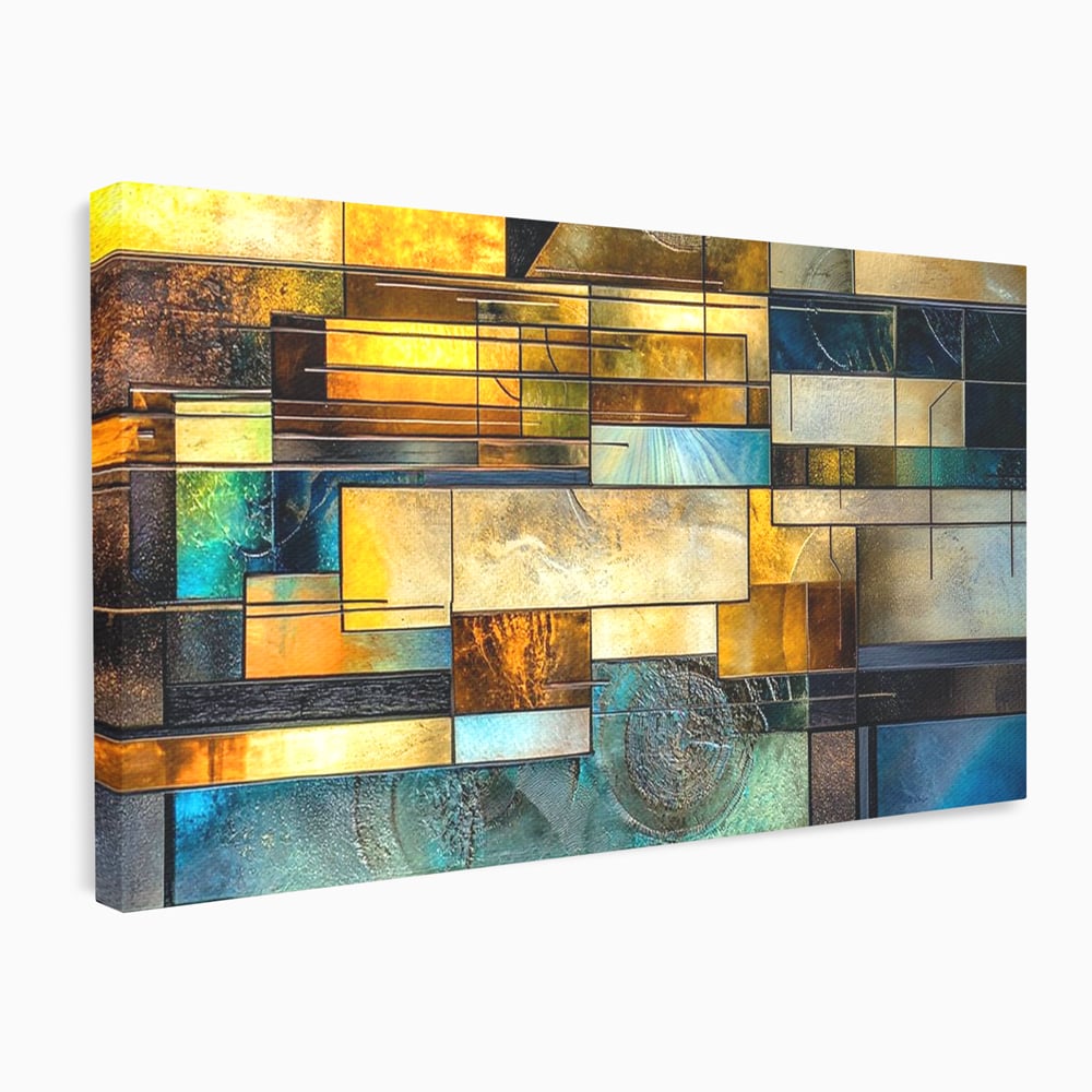Tablou canvas cu tablou abstract geometric cu texturi metalice, fara rama, pe sasiu de lemn